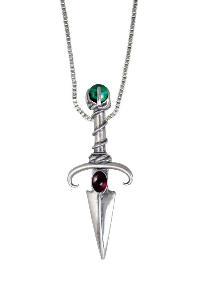 Sterling Silver Black Prince's Knife Dagger Pendant With Garnet And Malachite